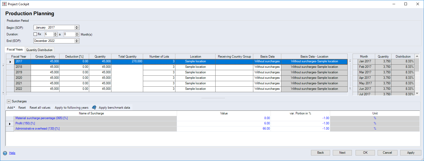 Project Cockpit Dialog, Production Planning Category
