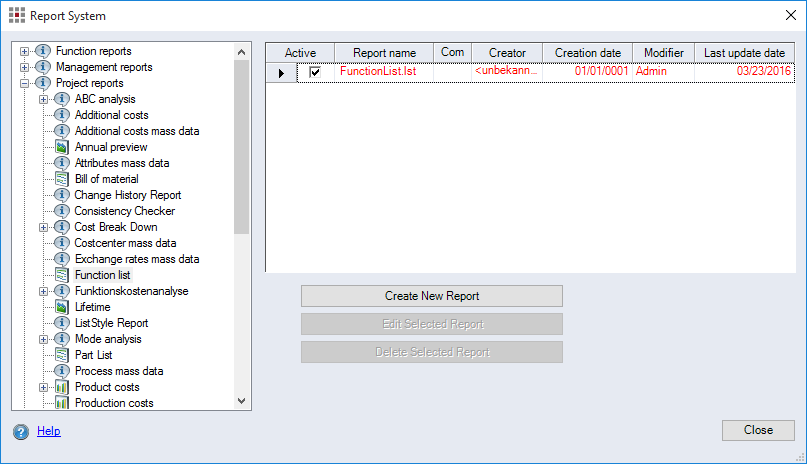 Report System dialog