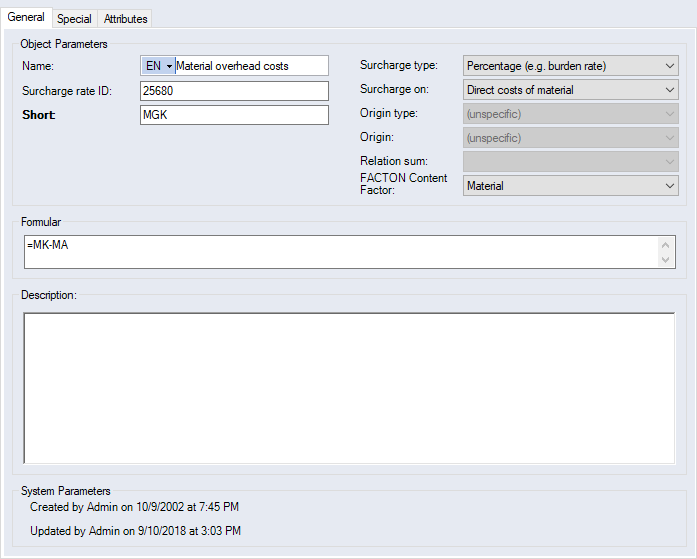 Costing Scheme, General Tab