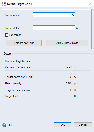 Define Target Costs dialog