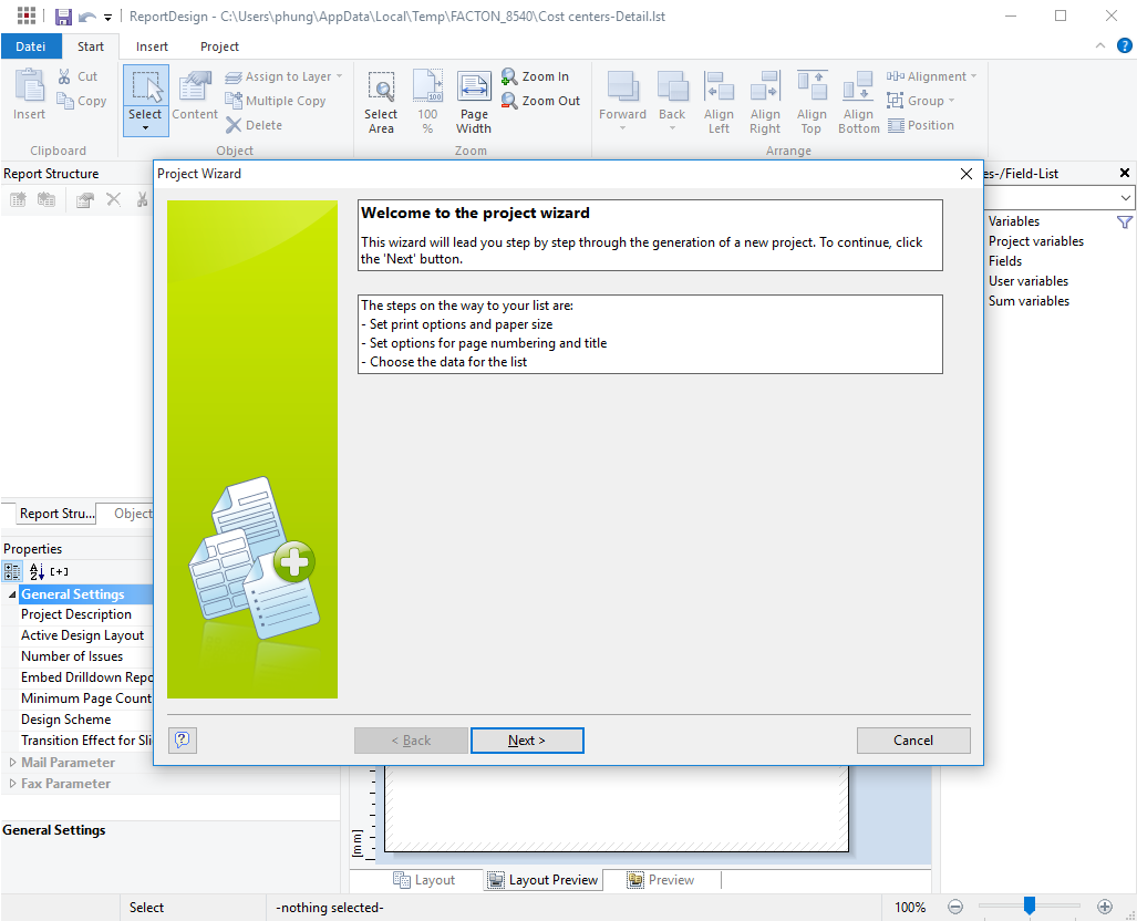 Report Design dialog