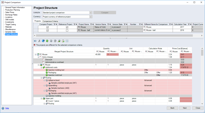 Project Comparison dialog - Project Structure category