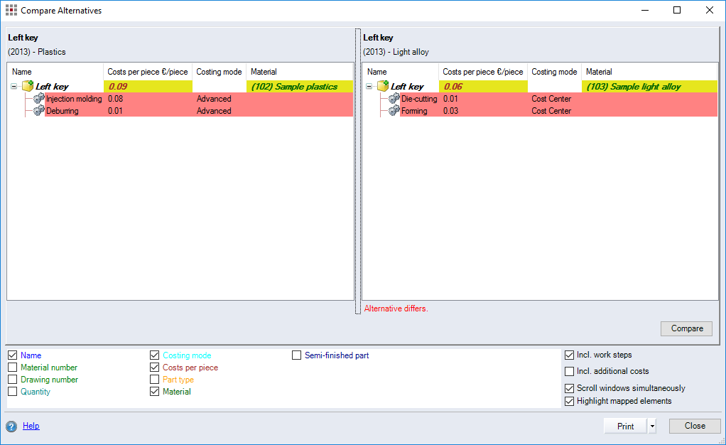 Compare Alternatives dialog