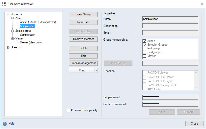 User Administration dialog