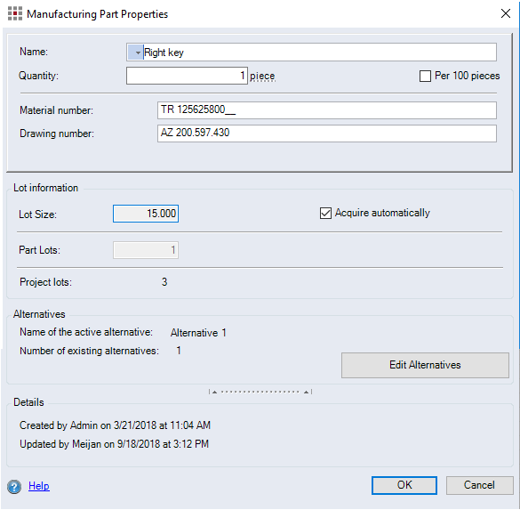 Manufacturing Part Properties dialog