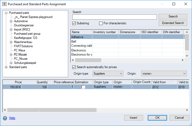 Purchased and Standard Parts Dialog