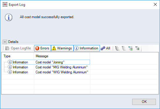 Cost Models - Import Results/Export Results Dialog