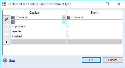 Content of the look-up table dialog