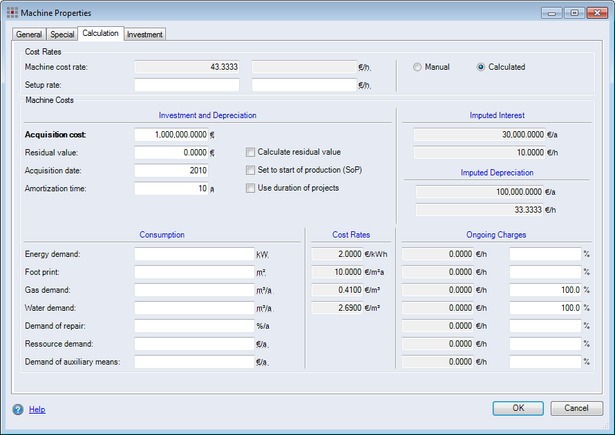 Machine Properties Dialog, Calculation Tab