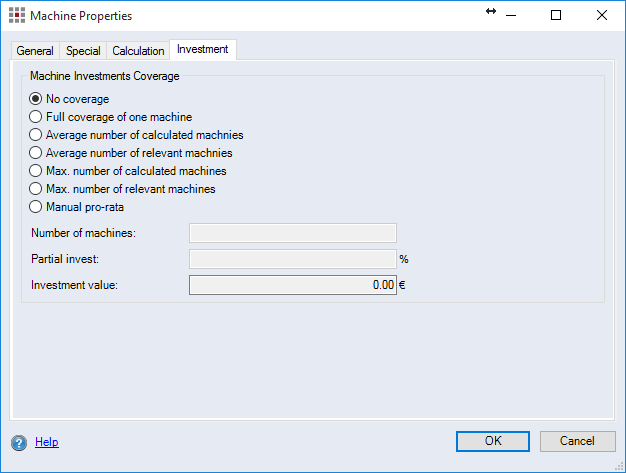 Machine Properties Dialog, Investment Tab