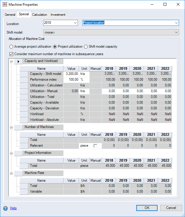 Machine Properties Dialog, Special Tab