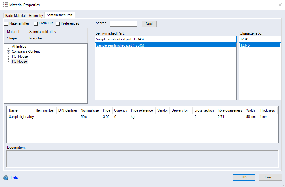 Material Properties dialog, Semifinished Part tab