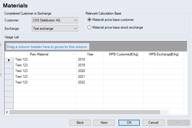 Material Surcharge Calculation dialog