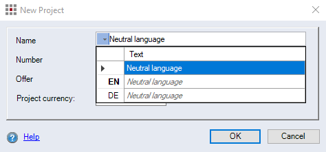 New project dialog - Context menu with neutral language