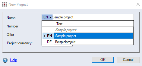 New project dialog - Context menu multilingual name