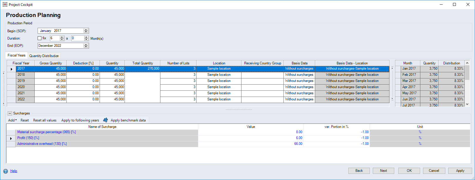 Project Cockpit dialog, Production Planning category