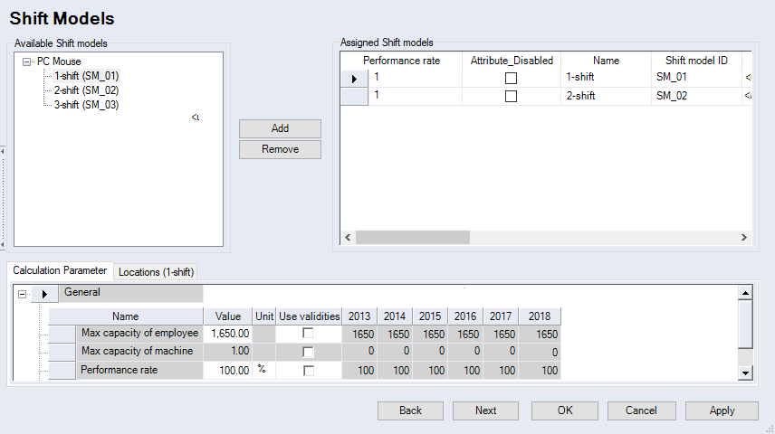 Shift Models dialog