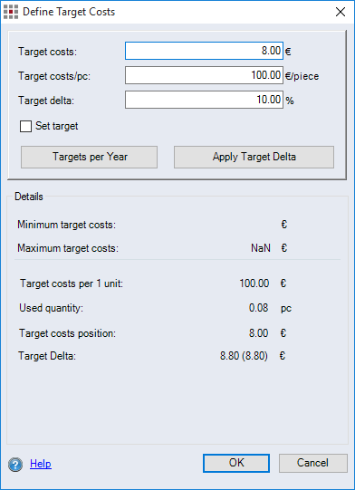 Define Target Costs dialog