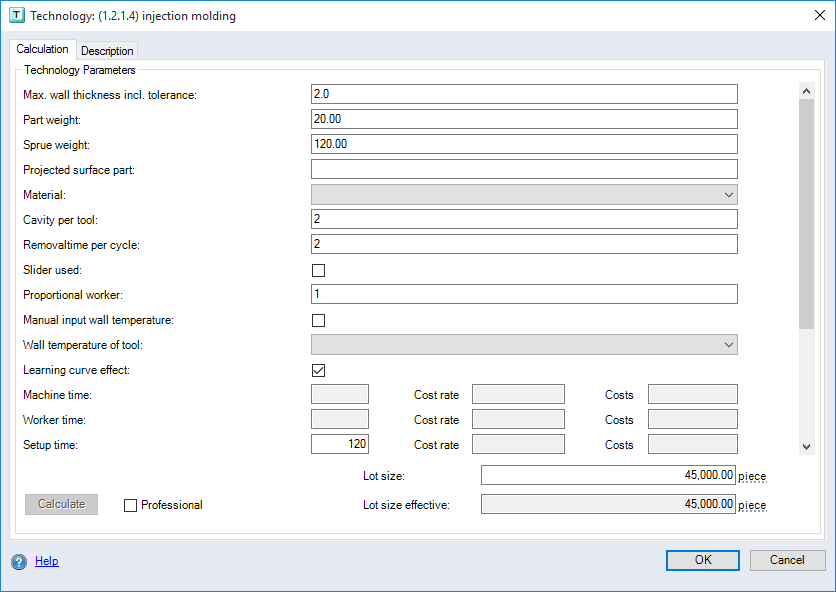 Technology for manufacturing processes dialog, Calculation tab