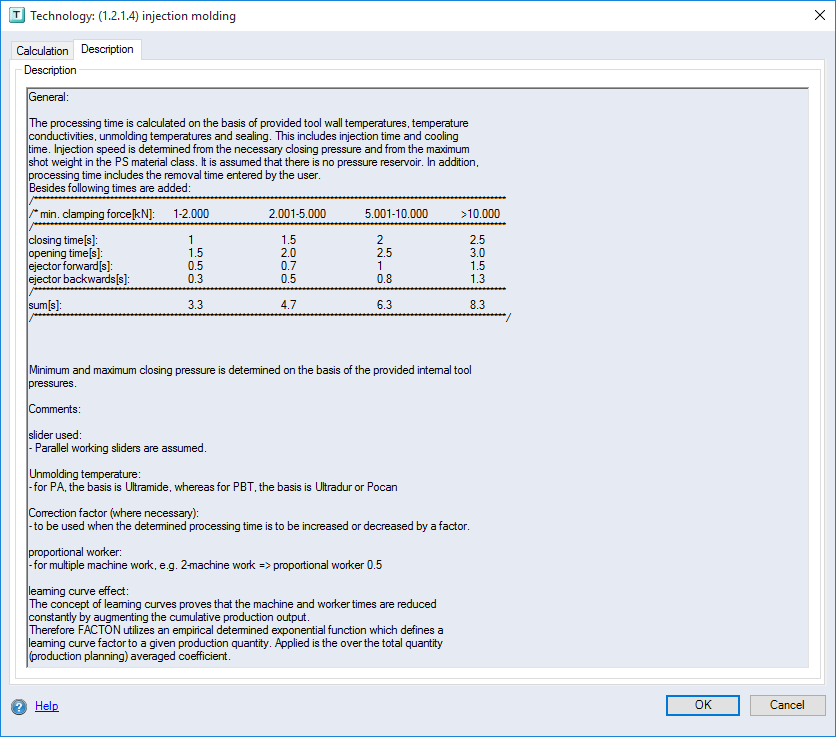 Technology for manufacturing processes dialog, Description tab