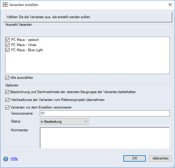 Create variants dialog