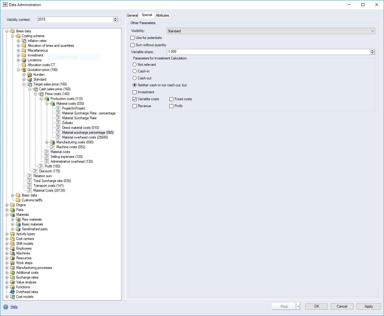 Data Administration dialog, Surcharge rates, Special tab