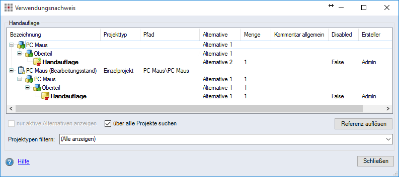 Usage List dialog