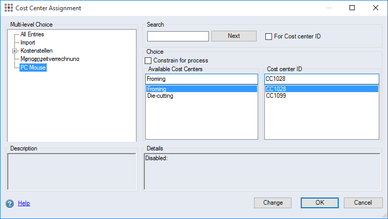 Cost Center Assignment dialog