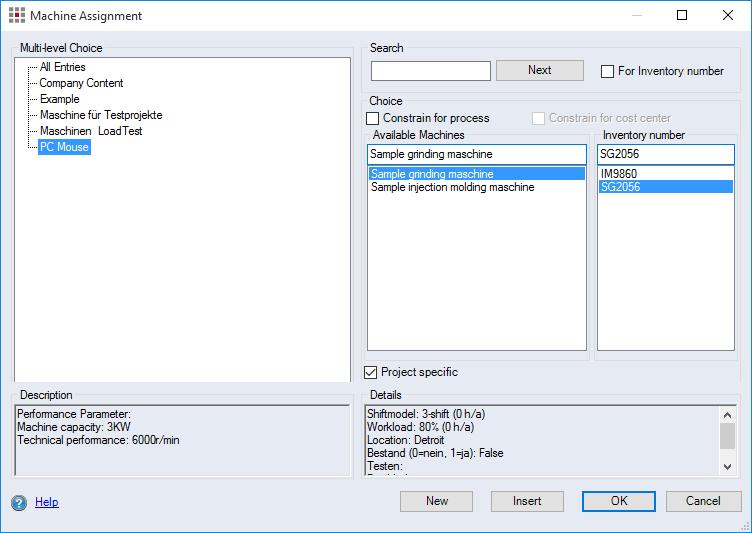 Machine Assignment dialog