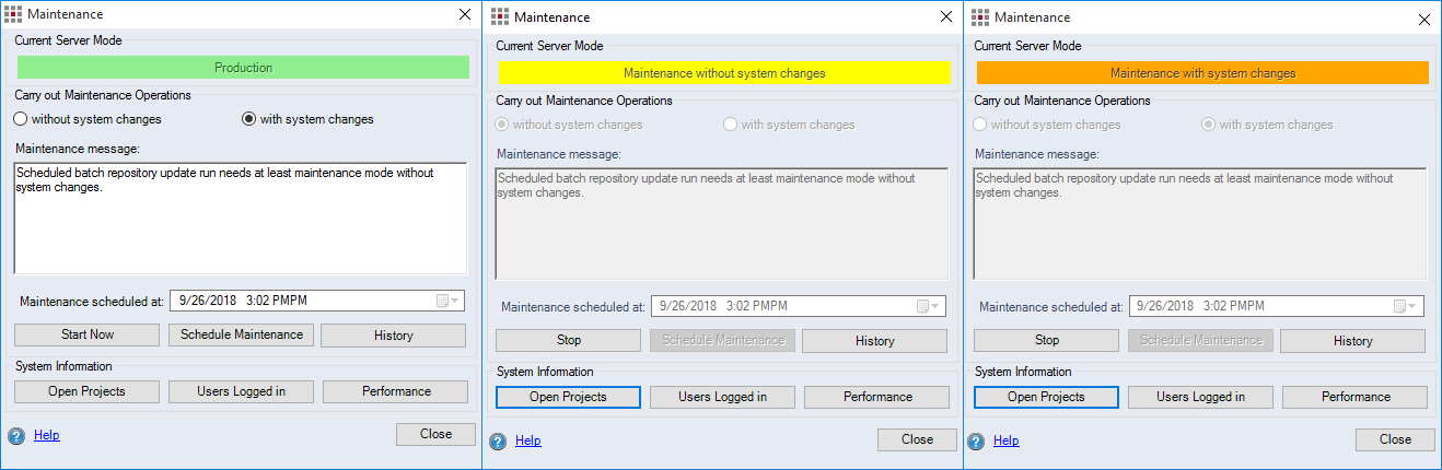 Maintenance mode dialog in active and inactive state