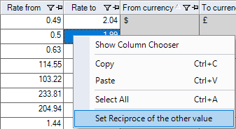 Exchange Rates, Calculation Tab, Context Menu