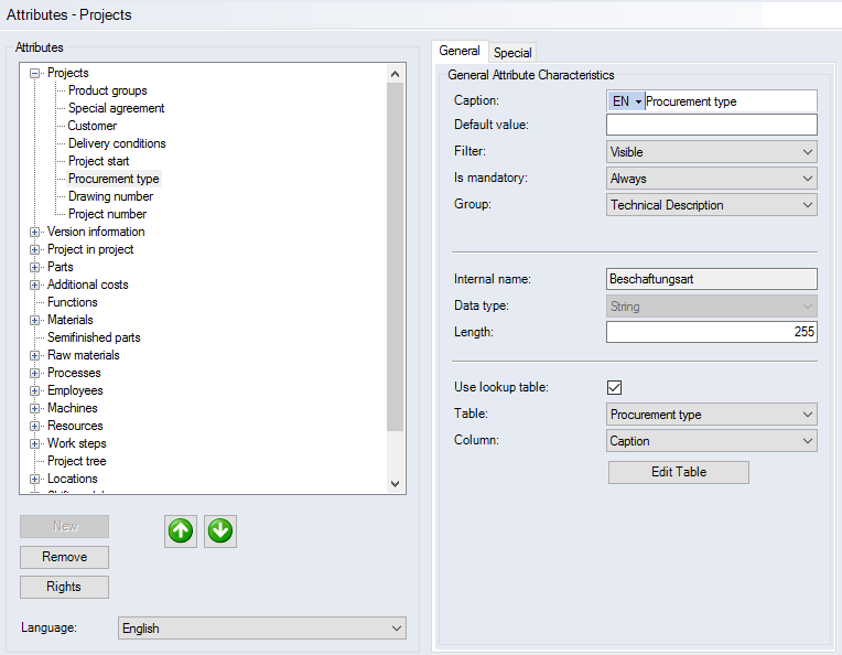 Attributes - Projects/Data Administration Interface