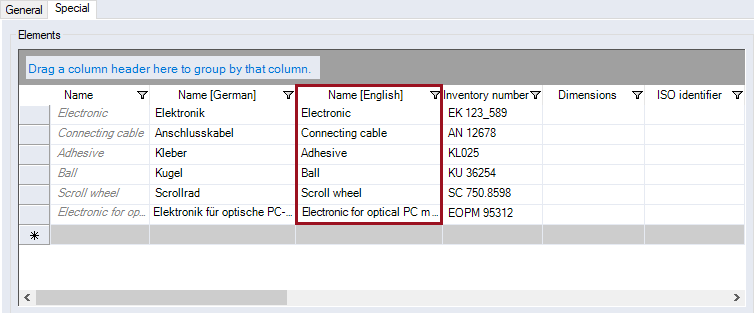 Table Elements, Special Tab of Purchased Parts