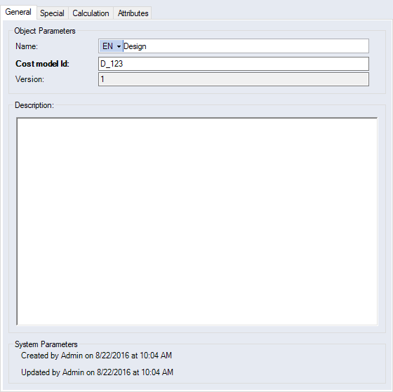 Cost Models, General Tab