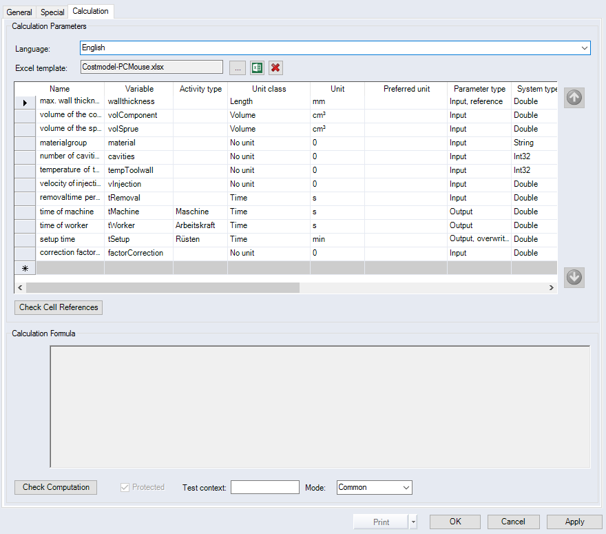 Cost Models, Calculation Tab