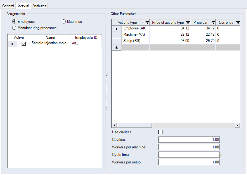 Cost Centers, Special Tab