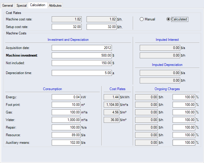 Data Administration Dialog, Machines Category, Calculation Tab