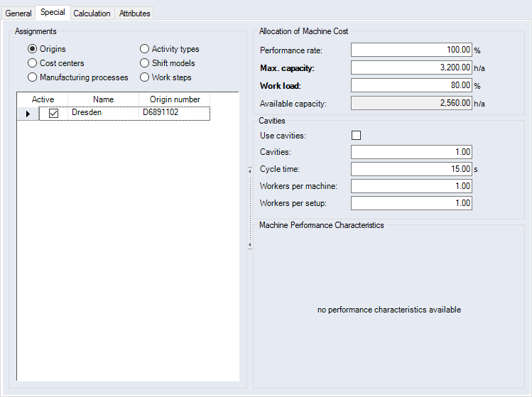 Data Administration Dialog, Machines Category, Special Tab