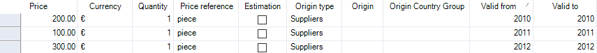 Data Administration dialog, Purchased parts category