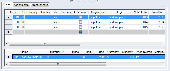 Data Administration dialog, Purchased parts category