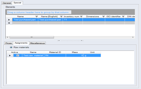 Data Administration dialog, Purchased parts category