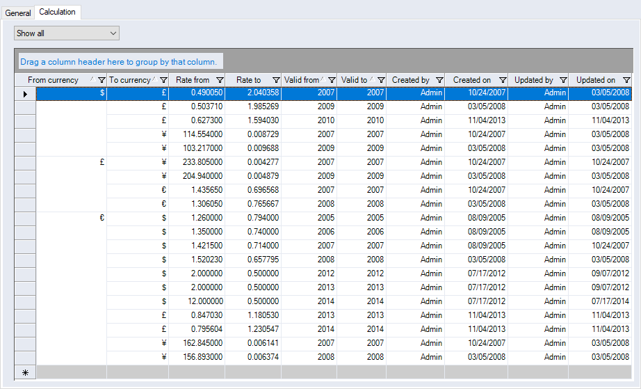 Exchange Rates, Calculation Tab