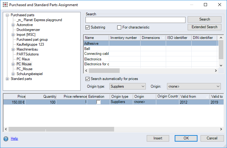 Purchased and Standard Parts dialog