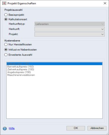 Select Project Costs Dialog