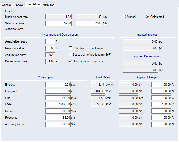 Machine Properties Dialog, Calculation Tab
