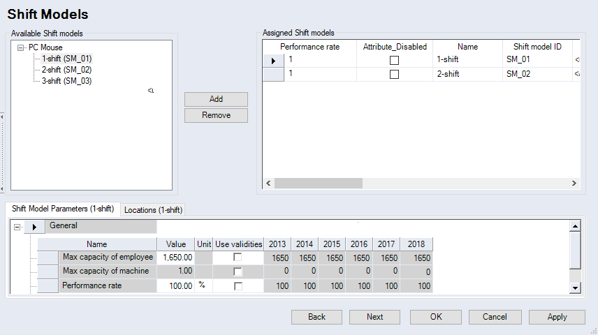 Shift Models Dialog