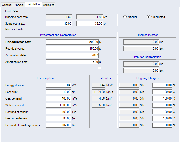 Data Administration Dialog, Machines Category, Calculation Tab
